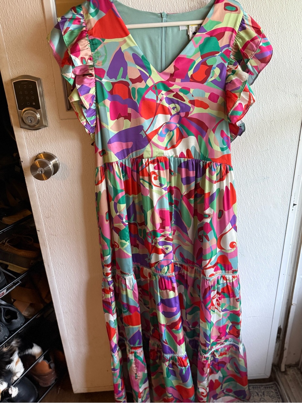 Jade Multicolor Abstract Swirl Tiered Dress with Flutter Sleeves